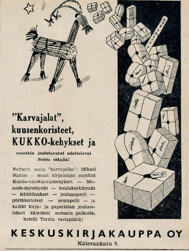 Esikatselukuva: Keskuskirjakauppa Oy
	
		"Karvajalat", kuusenkoristeet, KUKKO-kehykset ja muutkin joulutavarat odottelevat ilois...