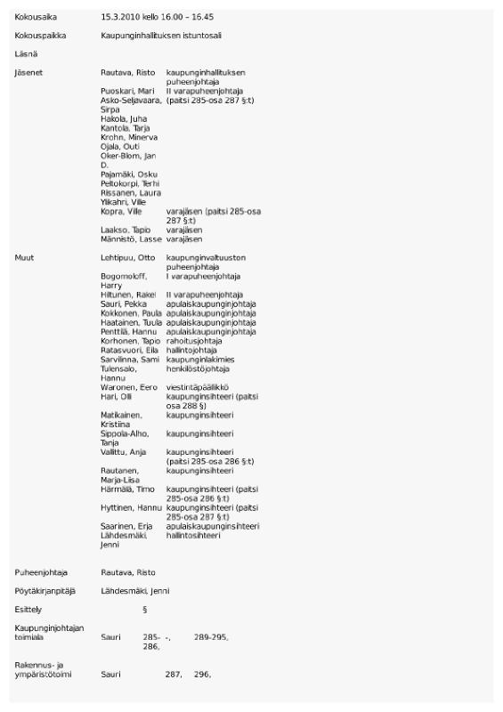 Esikatselukuva: 1731 Kaupunginhallituksen pöytäkirja 15.3.2010