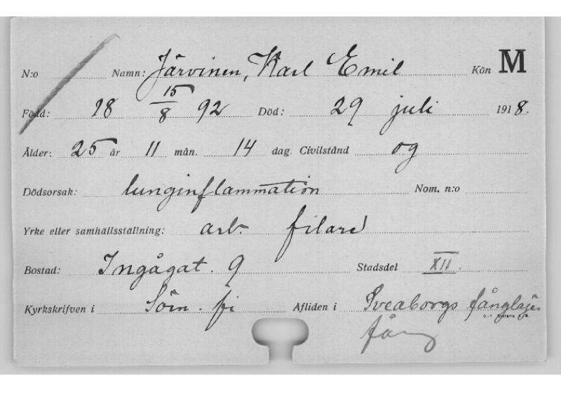 Esikatselukuva: Kuolleiden kortisto 1918 Järvinen Karl - Kanerva Johan
