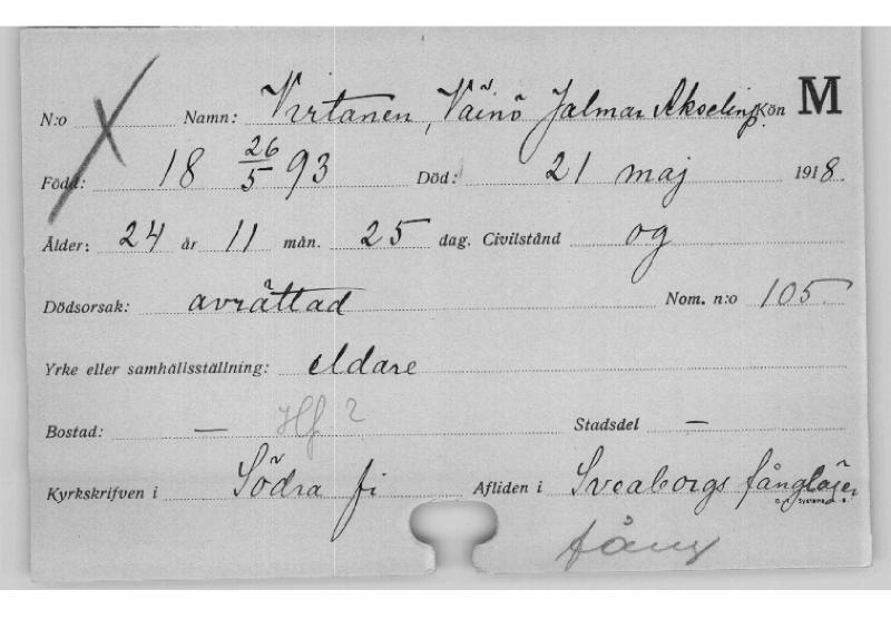 Esikatselukuva: Kuolleiden kortisto 1918 Virtanen Väinö - Vänttinen