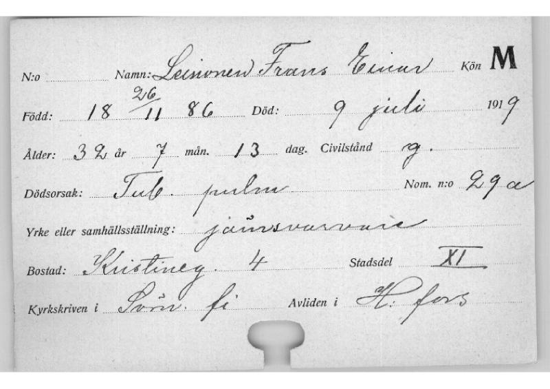Esikatselukuva: Kuolleiden kortisto 1919 Leinonen Frans - Lindberg Hugo
