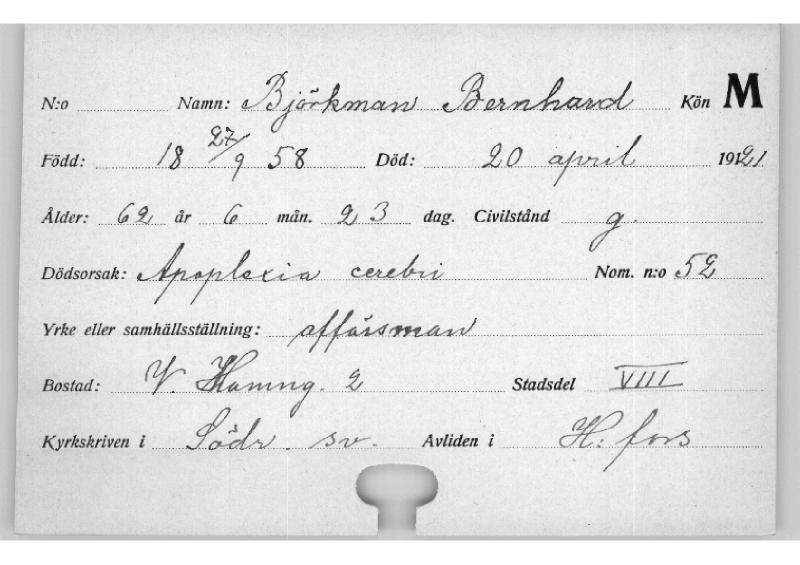 Esikatselukuva: Kuolleiden kortisto 1921 Björkman Bernhard - Buxhoevden