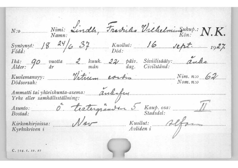 Esikatselukuva: Kuolleiden kortisto 1927 Lindh Fredrika - Lindholm Elisa