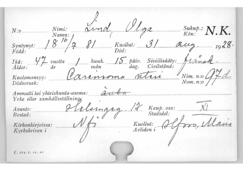 Esikatselukuva: Kuolleiden kortisto 1928 Lind Olga - Lindgren Gunnar