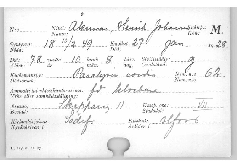 Esikatselukuva: Kuolleiden kortisto 1928 Åkerman Henrik - Östman