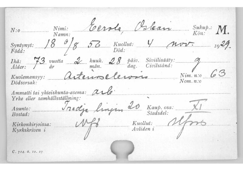 Esikatselukuva: Kuolleiden kortisto 1929 Eerola Oskari - Eriksson Johan R.