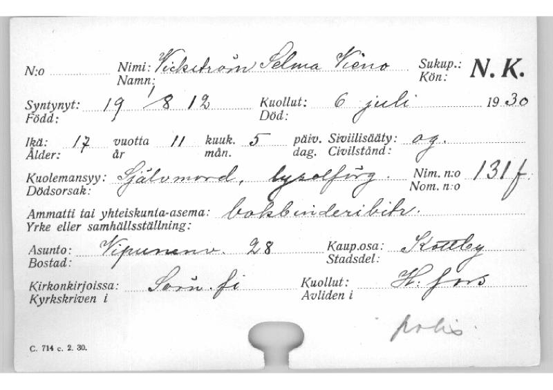 Esikatselukuva: Kuolleiden kortisto 1930 Wickström Selma - Viljanen Adolfina