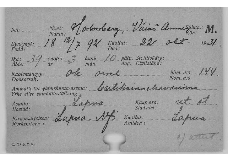 Esikatselukuva:&nbsp;Kuolleiden kortisto 1931 Holmberg Väinö - Hyvärinen Elias