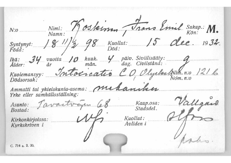 Esikatselukuva: Kuolleiden kortisto 1932 Koskinen Frans - Kuusipuska