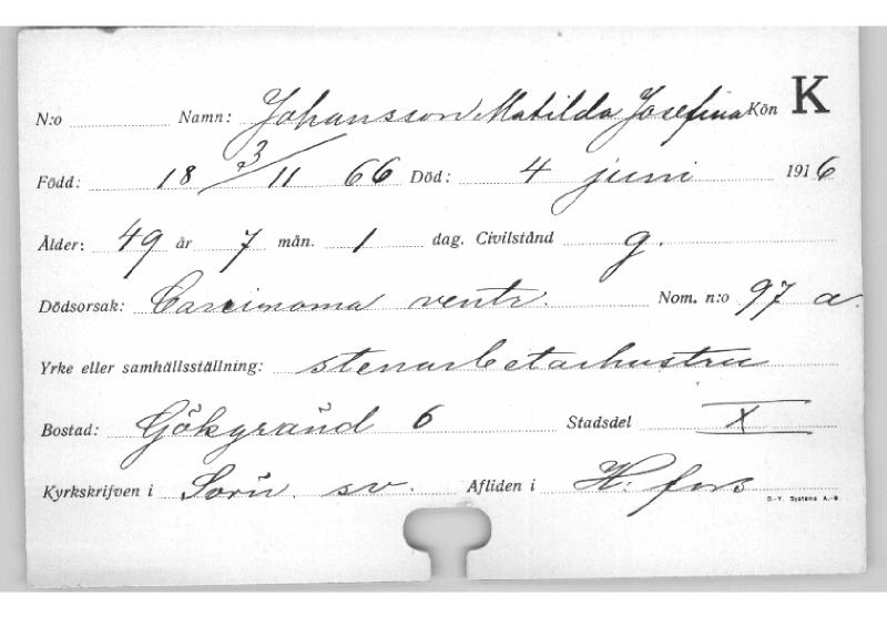 Esikatselukuva: Kuolleiden kortisto 1916 Johansson Matilda - Järvinen Toivo