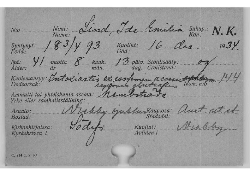 Esikatselukuva: Kuolleiden kortisto 1934 Lind Ida - Lindholm Kirsti