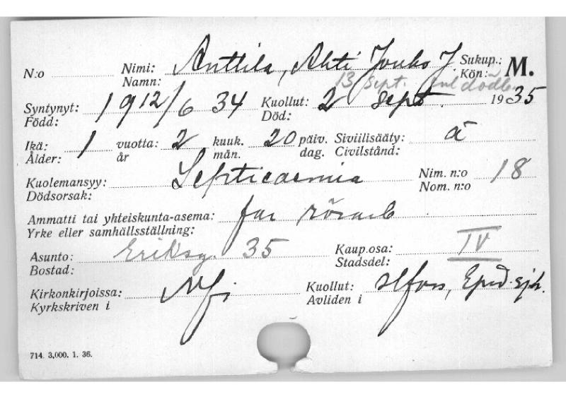 Esikatselukuva: Kuolleiden kortisto 1935 Anttila - Bensky