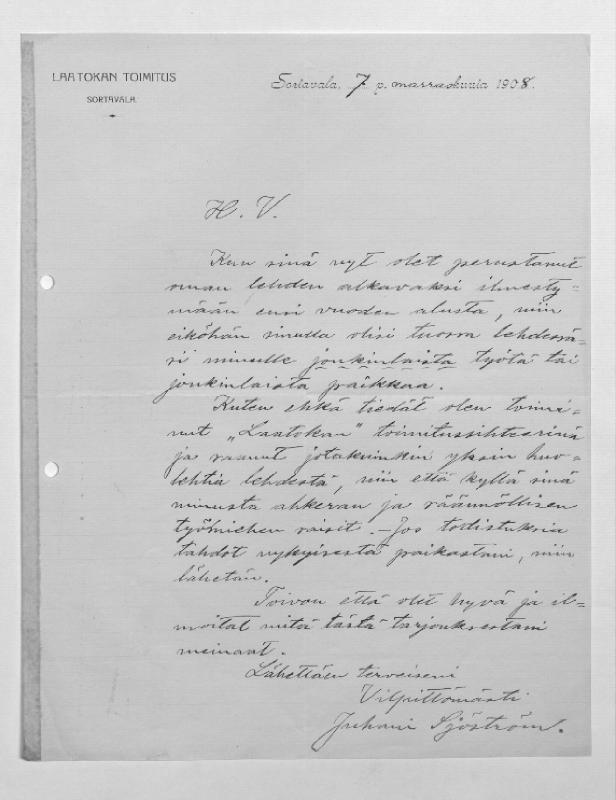 Esikatselukuva: Kirjeenvaihtoa: Juhani Sjöström
	
		Juhani Sjöströmin kirje Sortavalasta: S: 7.11.1908.