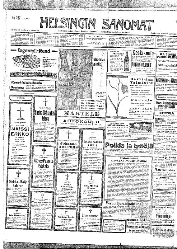 Esikatselukuva: HS 3.9.1936 Maissi Erkon kuolinilmoitus