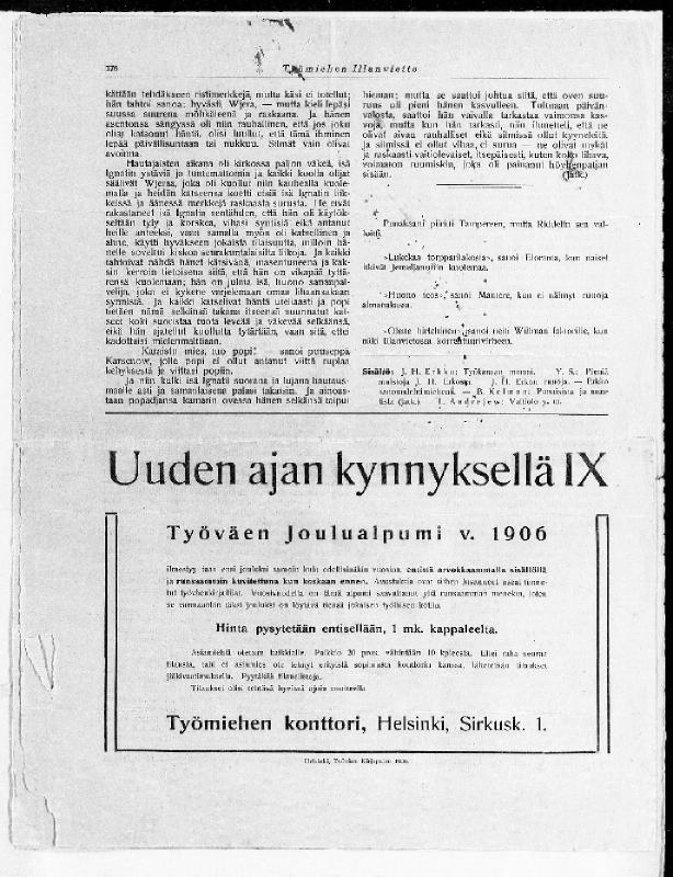 Thumbnail: Työmiehen Illanvietto -lehti nro 47/1906. Lehdessä muistokirjoitus J.H. Erkosta.