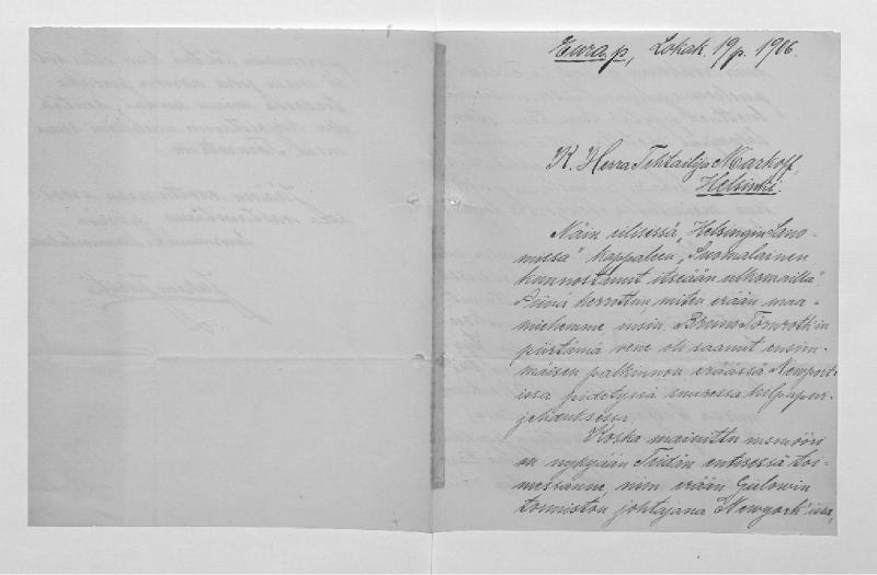 Thumbnail: Kirjeenvaihto: Järstä, Juhan
	
		Kirjeenvaihto: Järstä, Juhani (Eura): S: 19.10.1906 (kirje os. tehtailija Markoffille).