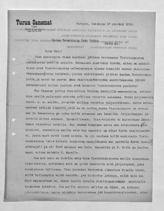 Esikatselukuva:&nbsp;Suomen tietotoimisto: Pontus Artin kirje
	
		Pontus Artti Eero Erkolle 17.10.1916