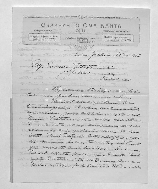 Esikatselukuva: Suomen tietotoimisto: Osakeyhtiö Oma Kanta johtokunnalle
	
		Osakeyhtiö Oma Kanta johtokunnalle 15.12.1916.