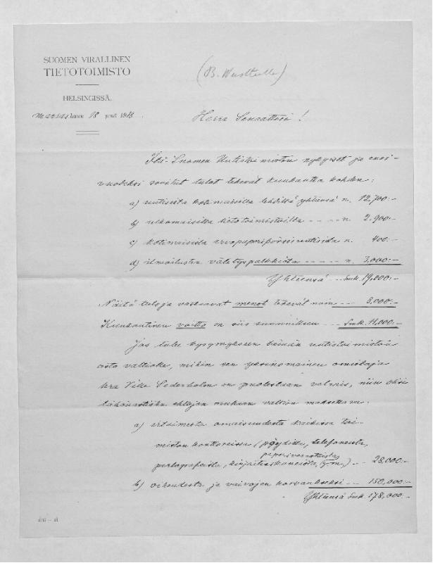 Esikatselukuva: Suomen virallinen tietotoimisto: U. L. Lehtosen kirje
	
		SUOMEN VIRALLINEN TIETO- TOIMISTO U.L. Lehtonen, kirje osoitettu herra senaattorille.  18.11.1918.