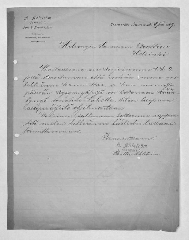 Esikatselukuva: A. Ahlström Osakeyhtiö, Walter Ahlström
	
		A. Ahlström Osakeyhtiö, Walter Ahlström (Noormarkku): S: 4.1.1909, 20.3. ja 27.4.1915 sekä 16.5.1...