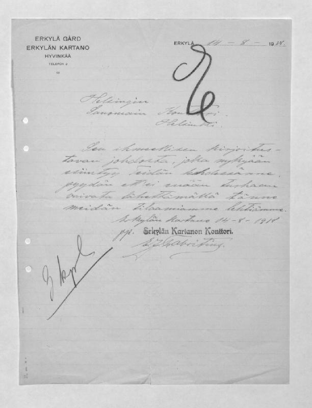 Esikatselukuva: Erkylän kartano
	
		Erkylän kartano (E.J. Fabritius) (Hyvinkää): S: 14.8.1918.