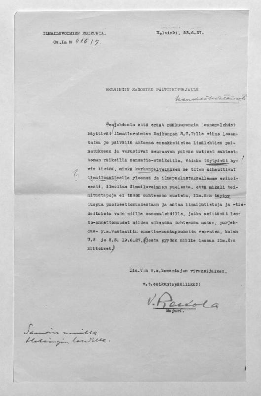 Esikatselukuva: Ilmavoimien esikunta
	
		Ilmavoimien esikunta (Viljo Rekola) (Helsinki): S: 23.6.1927. T: 28.6.1927 (HS:ain kirje samasta ...