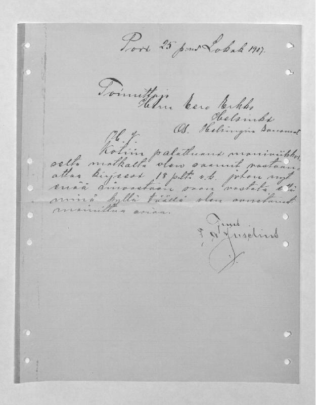 Esikatselukuva: Juselius, F. A.
	
		Juselius, Fritz Arthur (Pori): S: 25.10.1917.  Ilmoittaa saaneensa  Eero Erkon lähettämän kirjeen.