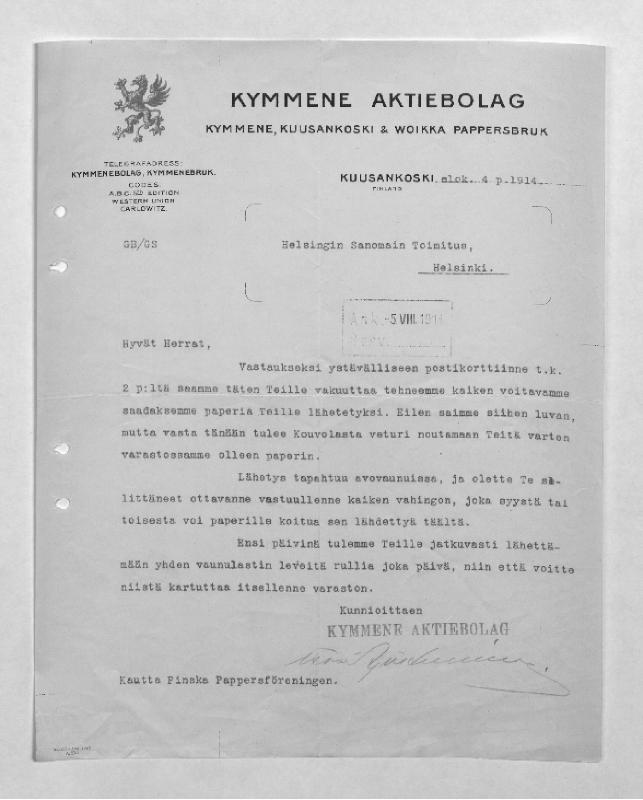 Esikatselukuva: Kymmene Aktiebolag, Gösta Björkenheim
	
		Kymmene Aktiebolag (Kymmene Bruk), Gösta Björkenheim (Kuusankoski): S: 4.8.1914.