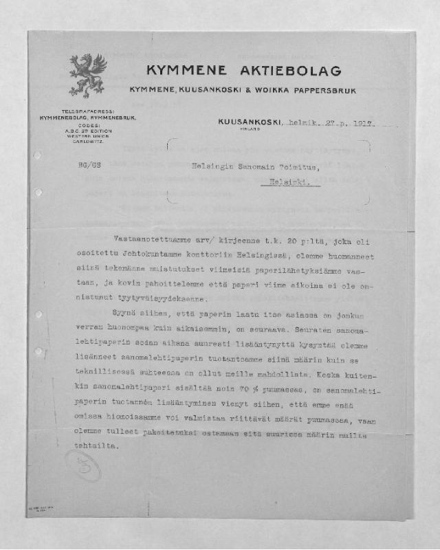 Esikatselukuva: Kymmene Aktiebolag
	
		Kymmene Aktiebolag (Kymmene Bruk) (Kuusankoski): S: 27.2.1917.