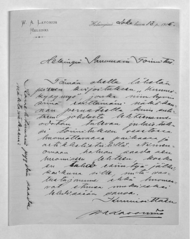 Esikatselukuva: Lavonius, W .A.
	
		Lavonius, W. A. (Wilhelm Alexander) (Helsinki): S: 13.10. ja 16.10.1906, 8.8.1909, 29.7.1910 (Maa...