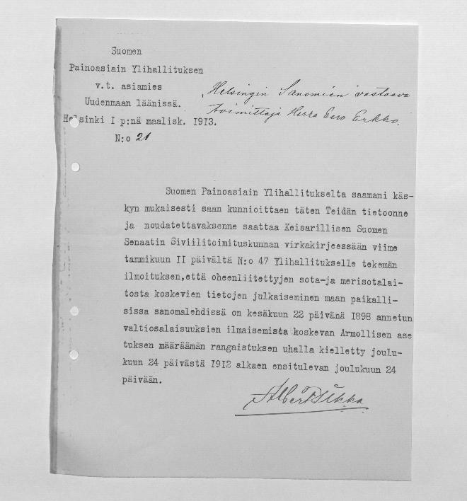 Esikatselukuva:&nbsp;Suomen Painoasiain Ylihallitus
	
		Suomen Painoasiain Ylihallitus (Uudenmaan asiamies) (Helsinki): S: 1.3.1913 (2 kpl), 17.2., 8.3.,...