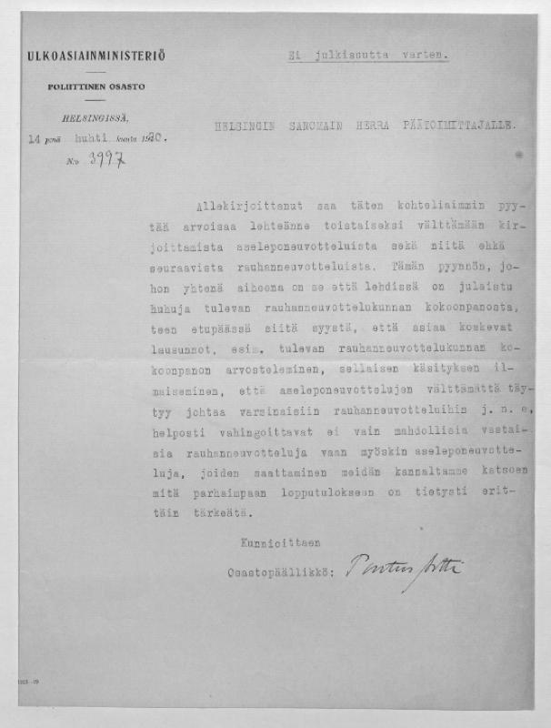 Esikatselukuva: Ulkoasiainministeriön poliittinen osasto
	
		Ulkoasiainministeriön poliittinen osasto (Helsinki): S: 14.4.1920.