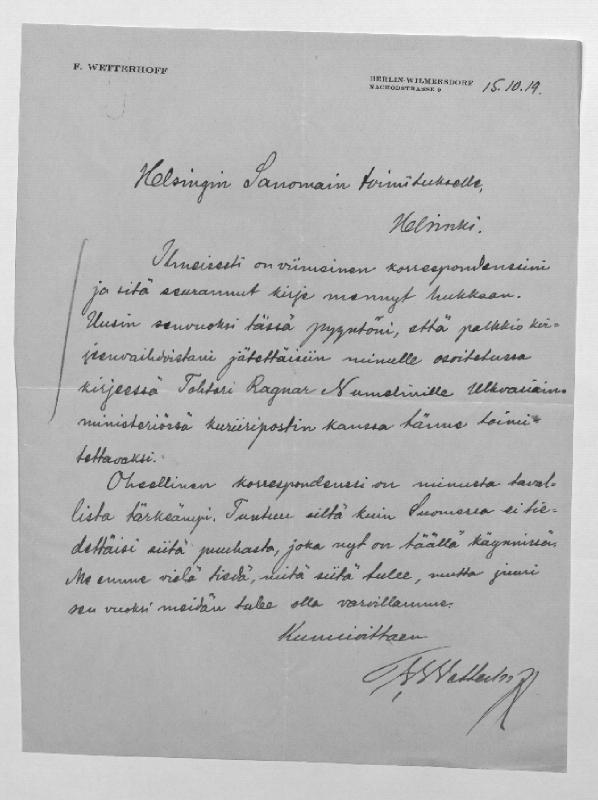 Esikatselukuva: Wetterhoff, Fritz
	
		Wetterhoff, Fritz (Berliini): S: 15.10.1919, 10.1., 12.2., 17.2. (sähke) ja helmikuu 1920 (2 kpl)...