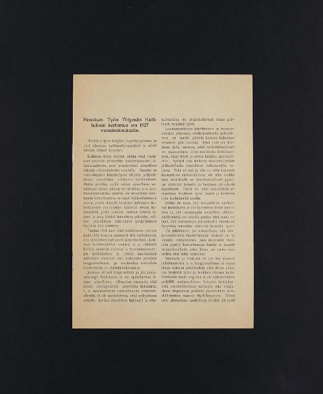 Esikatselukuva:&nbsp;Henkisen Työn Yhtymän toimintakertomus 1927
	
		THA 900Da1