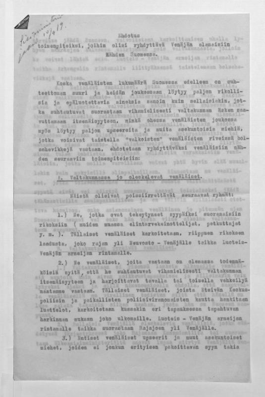 Esikatselukuva: Ehdotus toimenpiteiksi, joihin olisi ryhdyttävä Venäjän alamaisiin nähden Suomessa. Sisäministeri jakanut 10.9.1919.