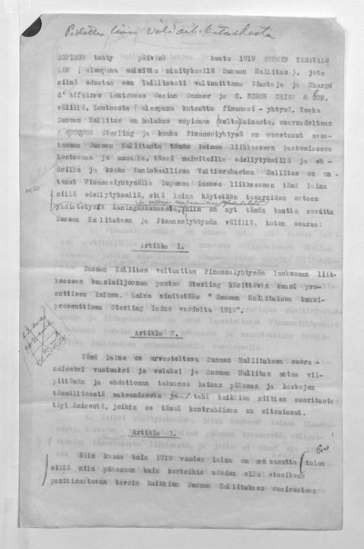 Esikatselukuva: Luonnos sopimukseksi Suomen Tasavallan ja C. Birch Crisp & Co:n välille
	
		Luonnos sopimukseksi Suomen Tasavallan ja C. Birch Crisp & Co:n välille 6.000.000 punnan ster...