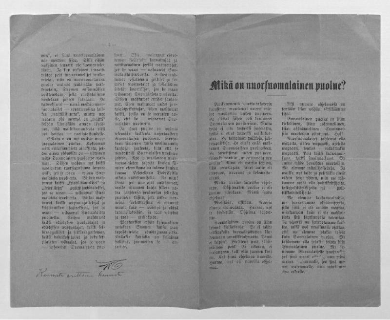 Esikatselukuva: Mikä on Nuorsuomalainen puolue? Painettu herjaava kirjoitelma 1900-luvun alkuvuosilta.