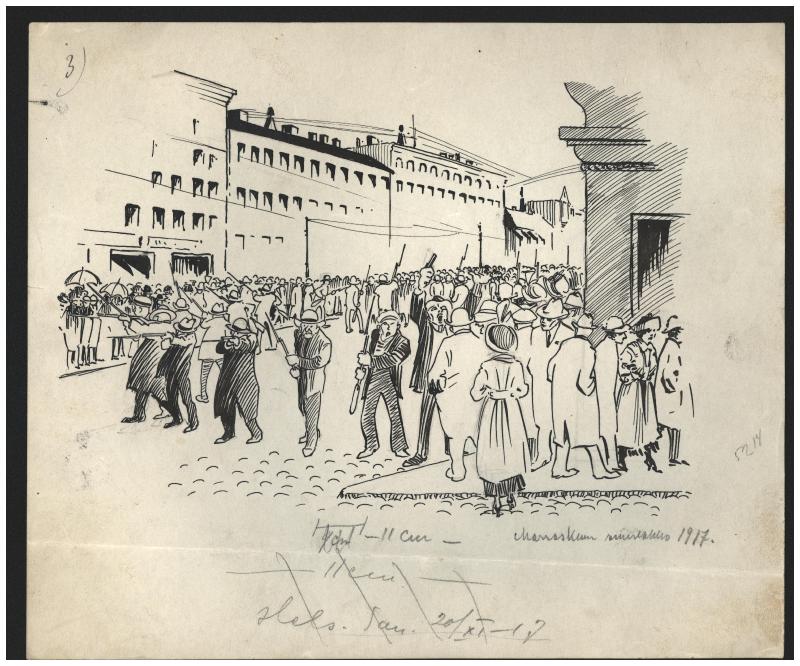 Esikatselukuva: HS 21.11.1917 Katukohtaus Helsingissä suurlakon päivinä
	
		Rafael Rindellin piirros: HS 21.11.1917 Katukohtaus Helsingissä suulakon päivinä