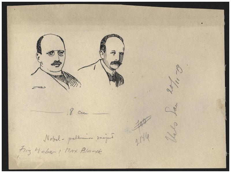Esikatselukuva: HS 21.11.1919 Vuoden 1918 Nobel-palkintojen saajat (Friz Haber ja  Max Blanck)
	
		Rafael Rindellin piirros, HS 21.11.1919 Vuoden 1918 Nobel-palkintojen saajat (Friz Haber ja  Max ...