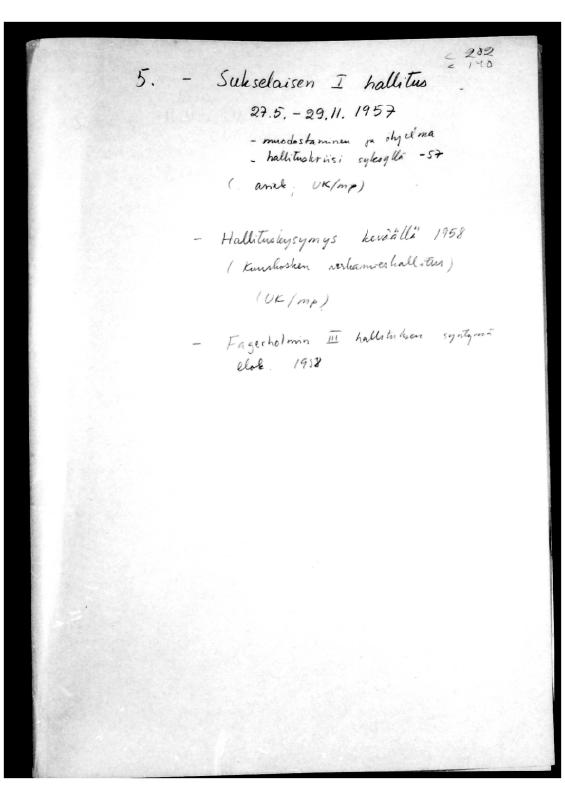Esikatselukuva: 5. Sukselaisen I hallitus
	
		Sukselaisen I hallitus 27.5.-22.11.1957: muodostaminen ja ohjelma, hallituskriisi syksyllä 1957; ...