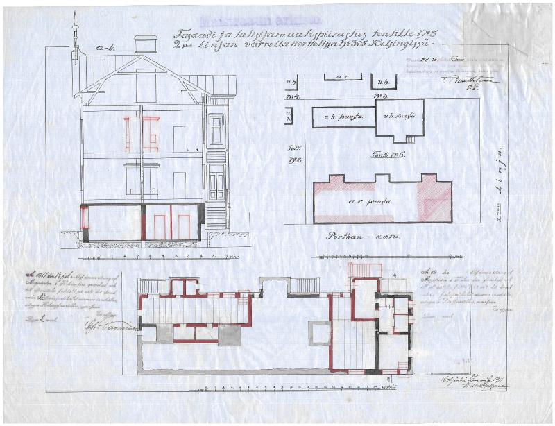 Esikatselukuva: Toinen Linja 5, leikkaus-, asema- ja pohjapiirustus