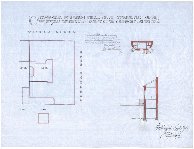 Esikatselukuva: Viides Linja 10, leikkaus-, asema- ja pohjapiirustus