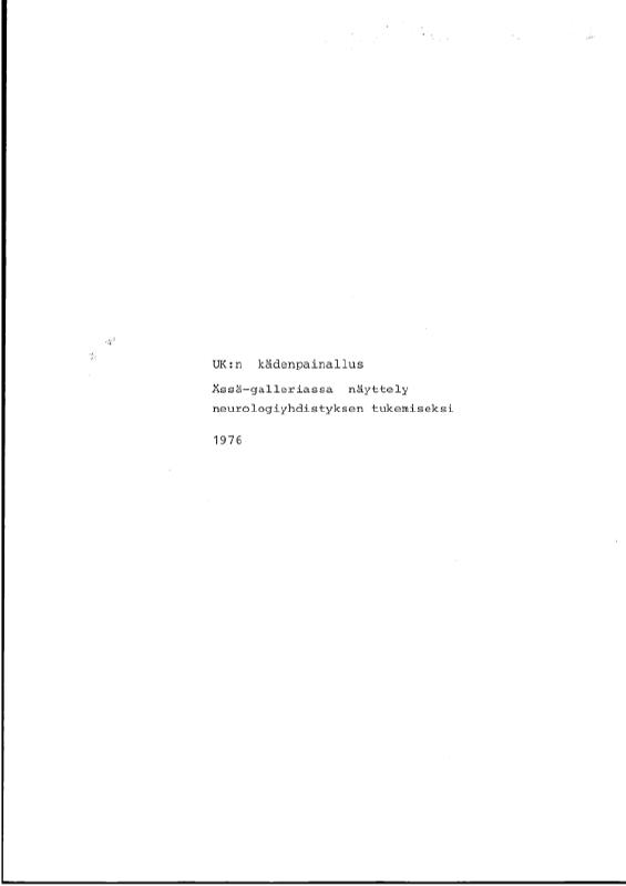 Esikatselukuva: UKK:n kädenpainallus taideteos 1976 jaJuhani Perttunen TP kansliapäälliköksi 1977
	
		Taidenäyttely neurologiayhdistyksen auttamiseksi. UKK:n taideteos ym. myynnissä. Sisältää hinnast...