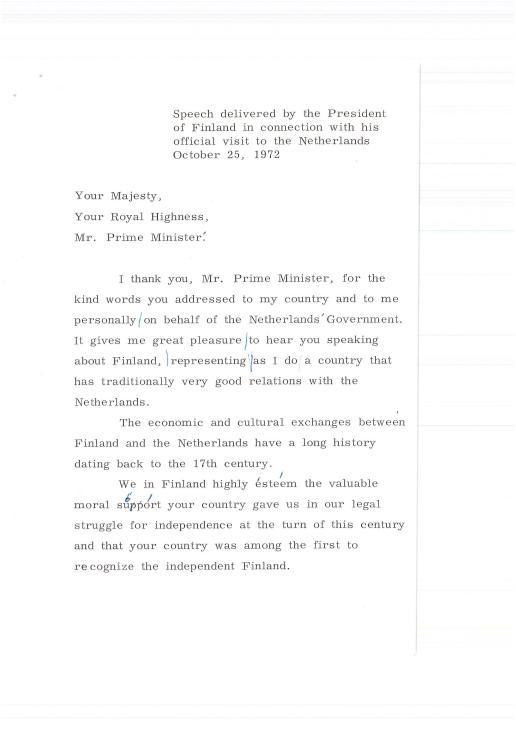 Esikatselukuva: 24/10 Valtiovierailu Alankomaihin. Puhe Tasavallan Presidentin juhlapäivällisillä (Englanniksi)
	
		Speech delivered by the President of Finland in connection with his official visit to the Netherl...