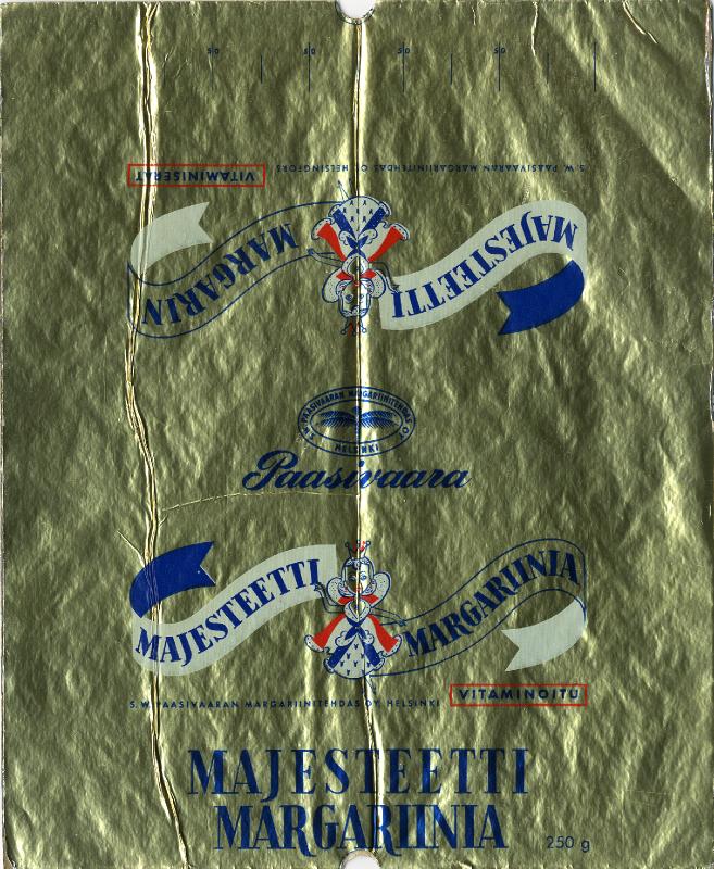 Esikatselukuva: Majesteetti -margariinin kääre
	
		Vitaminoitu. S.W. Paasivaaran Margariinitehdas Oy, Helsinki