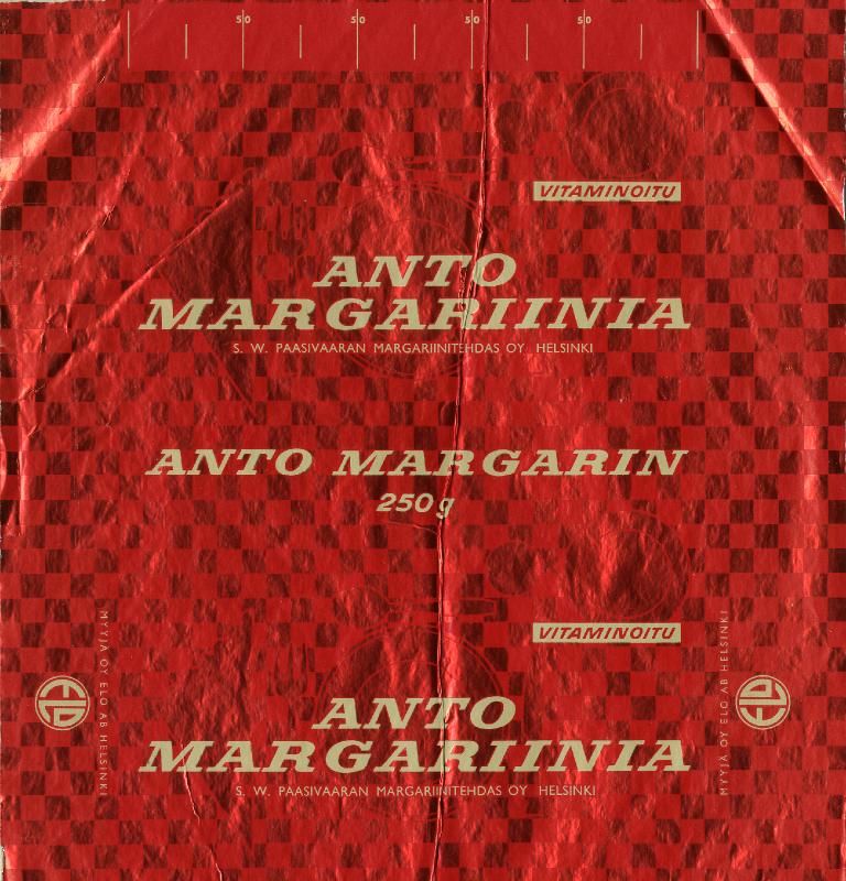 Esikatselukuva: Anto -margariinin kääre
	
		250 g. S.W. Paasivaaran Margariinitehdas Oy, Helsinki. Myyjä Oy Elo Ab