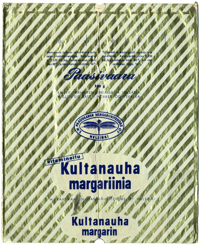 Esikatselukuva:&nbsp;Paasivaaran Kultanauha -margariinin kääre
	
		S.W. Paasivaaran Margariinitehdas Oy, Helsinki