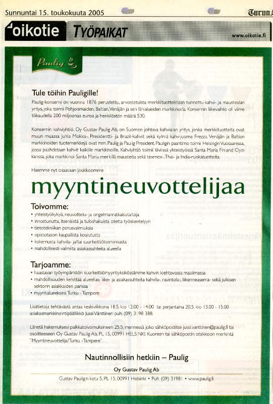 Esikatselukuva: Paulig työpaikkailmoitus