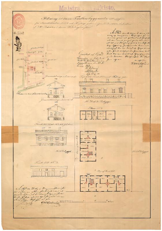 Esikatselukuva:&nbsp;Korkeavuorenkatu 5, julkisivu-, leikkaus-, pohja- ja asemapiirustus