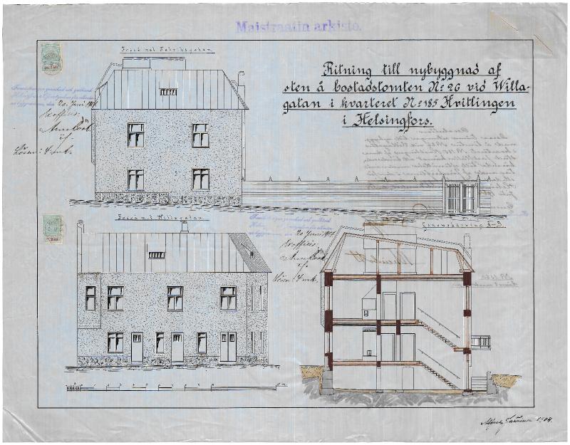 Esikatselukuva: Huvilakatu 32, julkisivu- ja leikkauspiirustus
